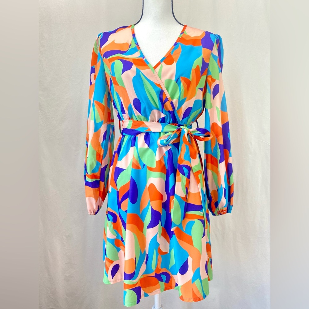 SHEIN VCAY Allover Print Multicolor V-neck Lantern Sleeve Belted Dress size 4
